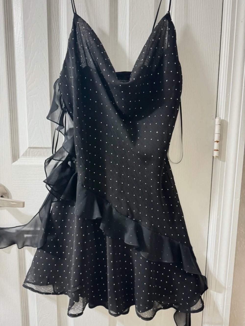 $69 Zara Black Mini Slip Dress Embellished Crystals Rhinestone Polka Dots XS